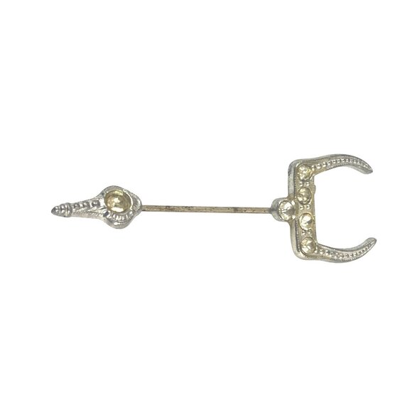 Antique Silver Tone Stick Pin With Rhinestone Accents & Unique Horned Design - Picture 2 of 6